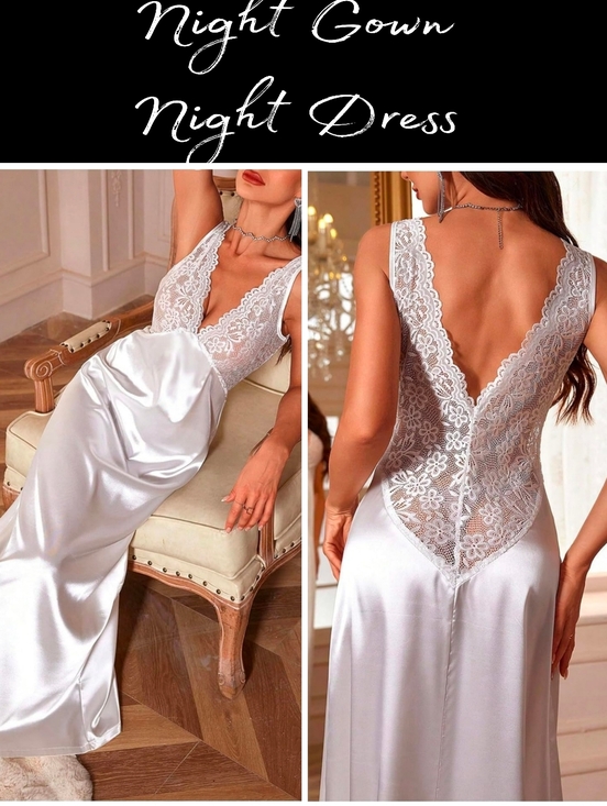 WDIRARA ama Other - Lace Backless Sexy Long Satin Sleepwear Deep V Neck Sleeveless Nightgown Bride